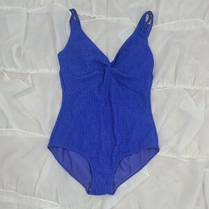 Vibrant Blue One-Piece Swimsuit with V-Neck Twist Vintage
